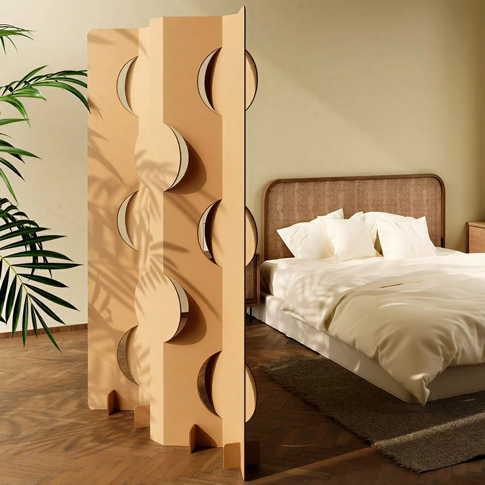 LIVARA Modular Corrugated Paper Folding Screen Geometric Circle Design Room Divider Decorative Partition Background Wall for Home Event - Beige