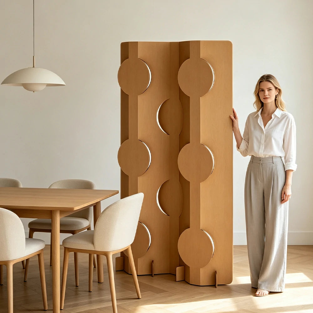 LIVARA Modular Corrugated Paper Folding Screen Geometric Circle Design Room Divider Decorative Partition Background Wall for Home Event - Beige