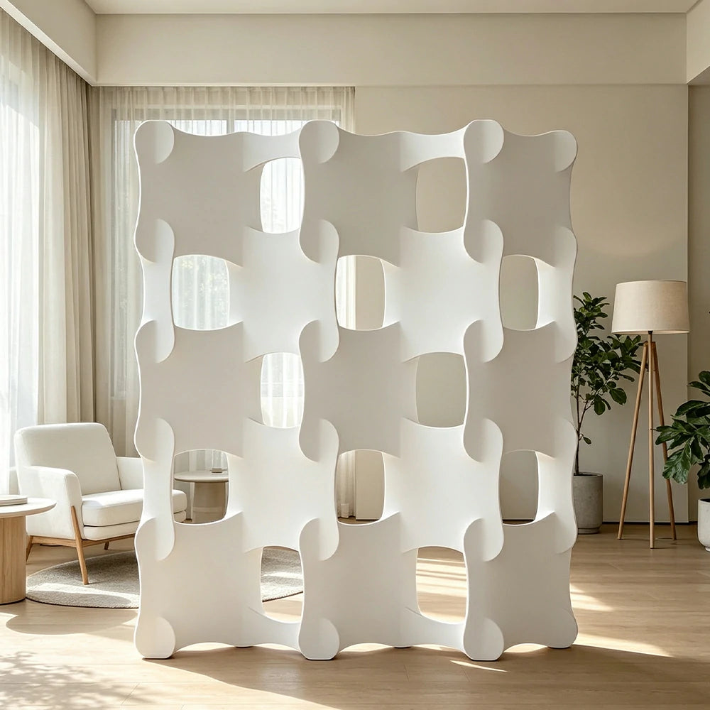LIVARA 5 Column Modular Decorative Partition Wall Wave Design Folding Screen Room Divider Background Display for Home Event - White