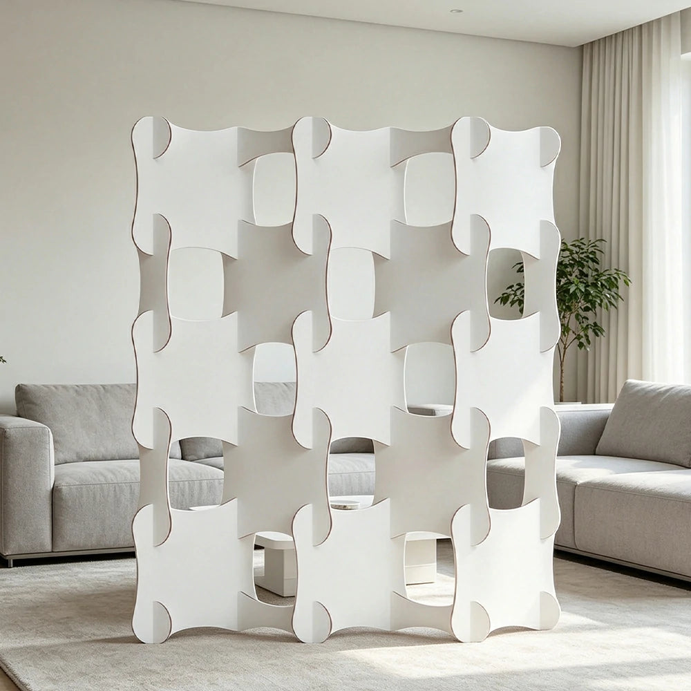 LIVARA 5 Column Modular Decorative Partition Wall Wave Design Folding Screen Room Divider Background Display for Home Event - White