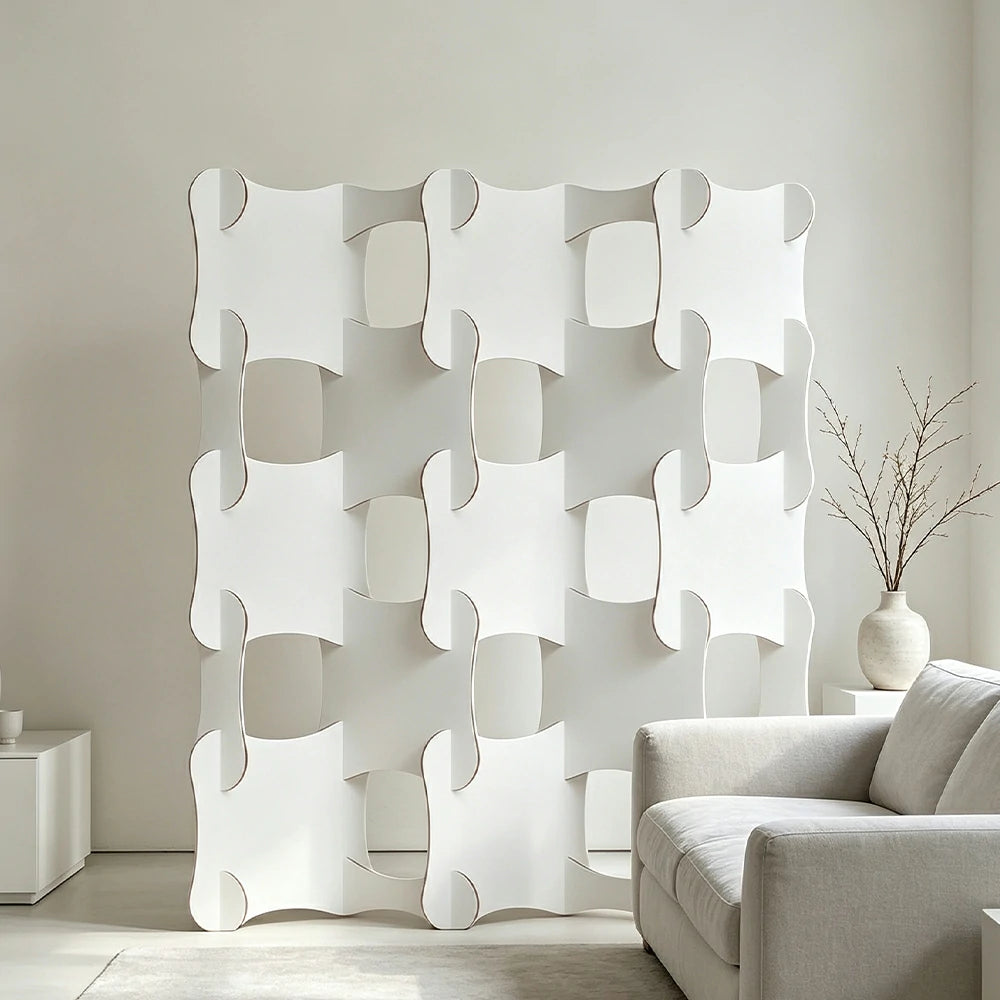 LIVARA 5 Column Modular Decorative Partition Wall Wave Design Folding Screen Room Divider Background Display for Home Event - White