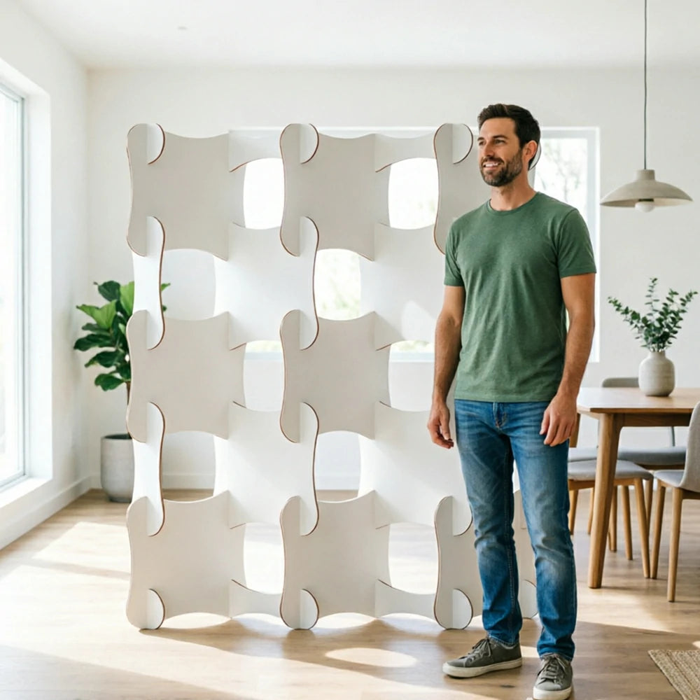 LIVARA 5 Column Modular Decorative Partition Wall Wave Design Folding Screen Room Divider Background Display for Home Event - White