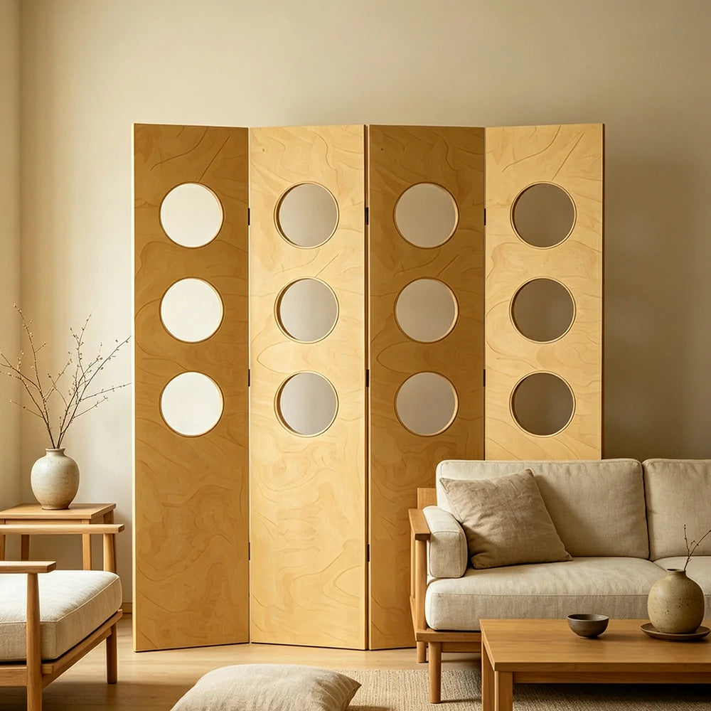 LIVARA 4 Panel Decorative Folding Screen Circle Cutout Design Room Divider Privacy Partition Modern Style for Living Room Bedroom - Wood
