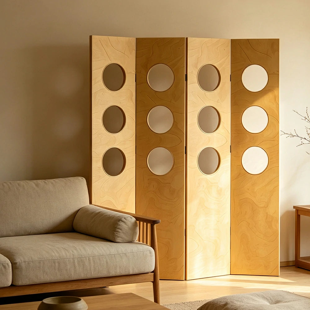 LIVARA 4 Panel Decorative Folding Screen Circle Cutout Design Room Divider Privacy Partition Modern Style for Living Room Bedroom - Wood
