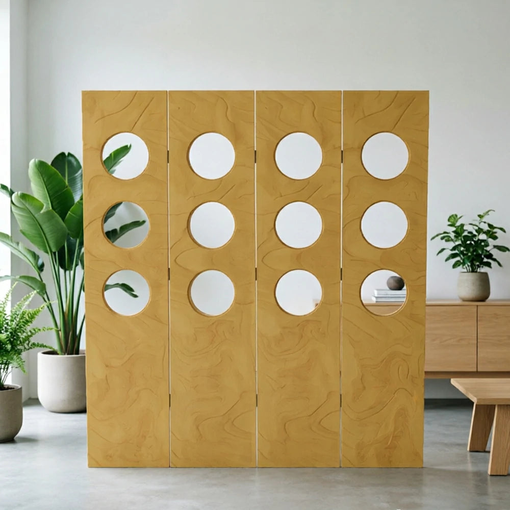 LIVARA 4 Panel Decorative Folding Screen Circle Cutout Design Room Divider Privacy Partition Modern Style for Living Room Bedroom - Wood