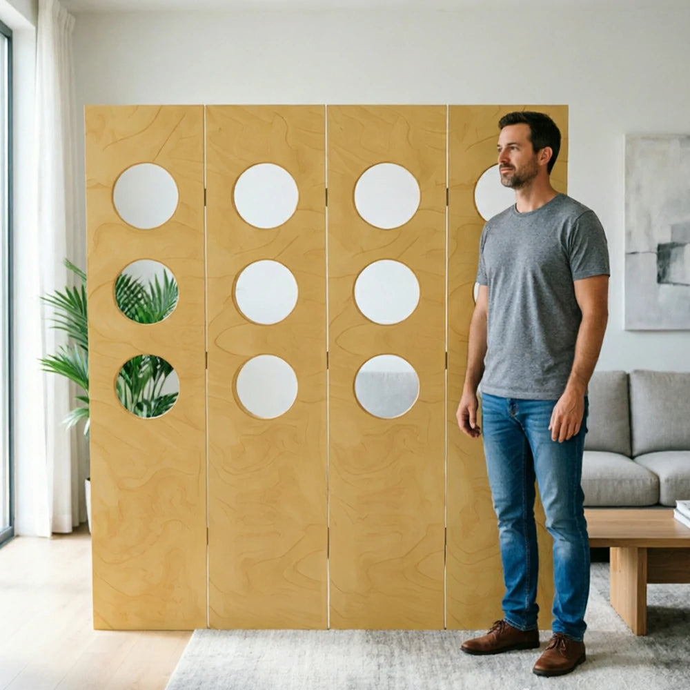 LIVARA 4 Panel Decorative Folding Screen Circle Cutout Design Room Divider Privacy Partition Modern Style for Living Room Bedroom - Wood