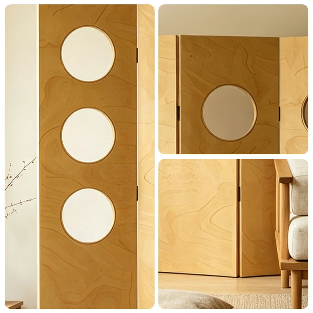 LIVARA 4 Panel Decorative Folding Screen Circle Cutout Design Room Divider Privacy Partition Modern Style for Living Room Bedroom - Wood