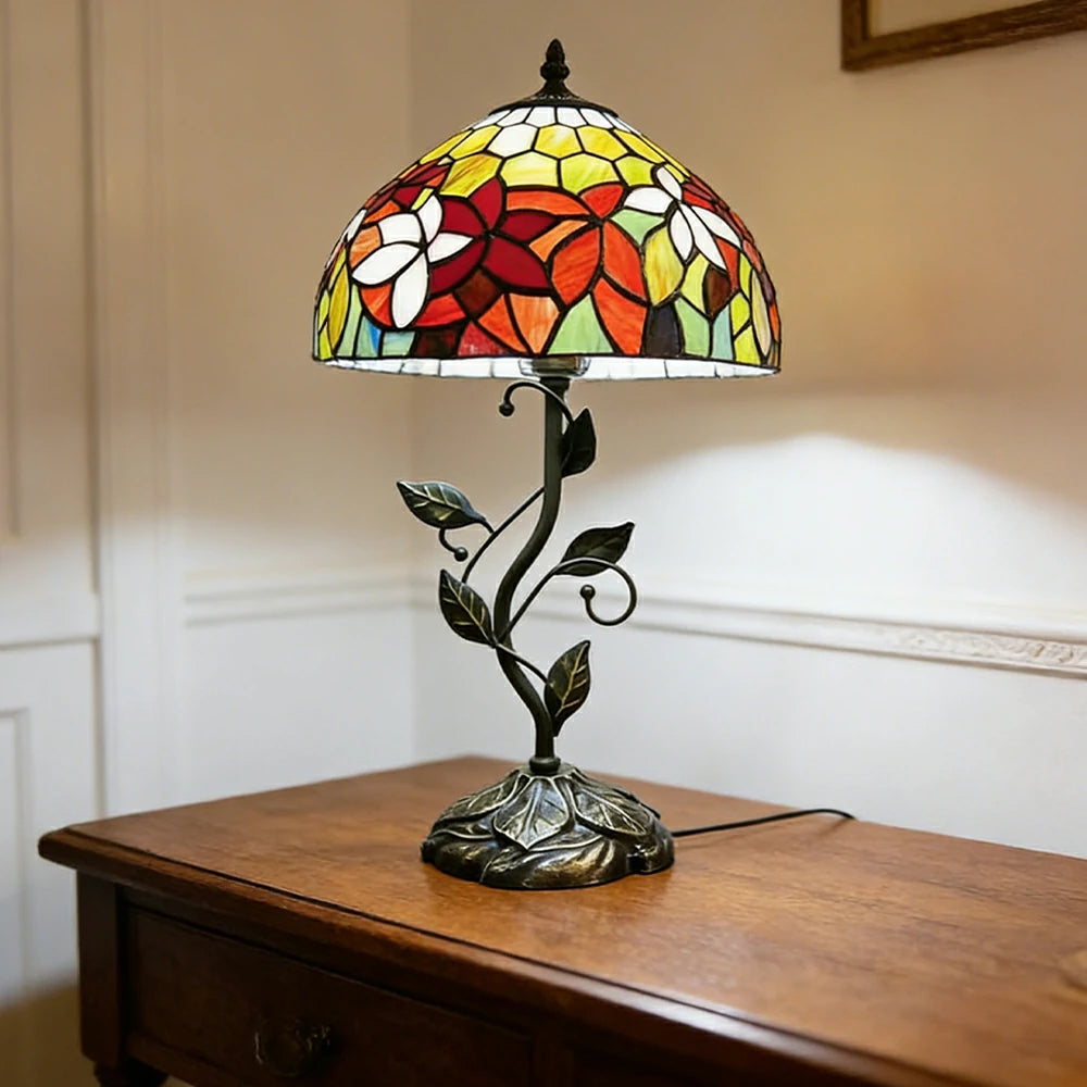 LIVARA Tiffany Stained Glass Table Lamp Pull Chain Switch 30x45cm for Bedroom Living Room Study - Rose Red