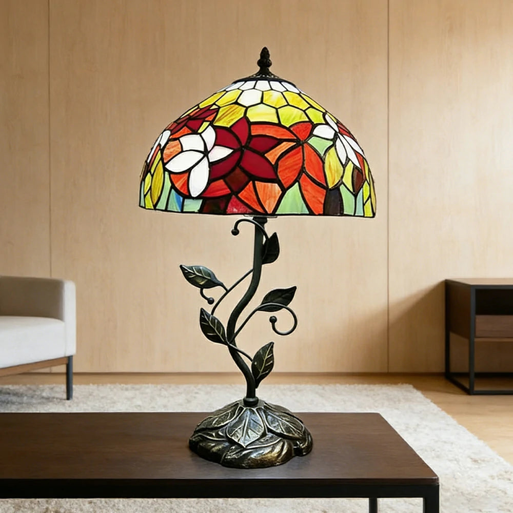 LIVARA Tiffany Stained Glass Table Lamp Pull Chain Switch 30x45cm for Bedroom Living Room Study - Rose Red