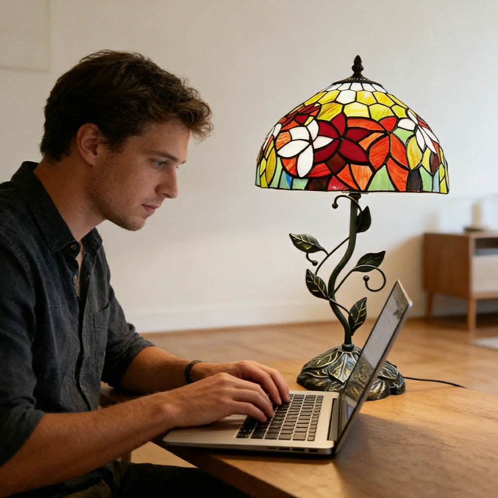 LIVARA Tiffany Stained Glass Table Lamp Pull Chain Switch 30x45cm for Bedroom Living Room Study - Rose Red