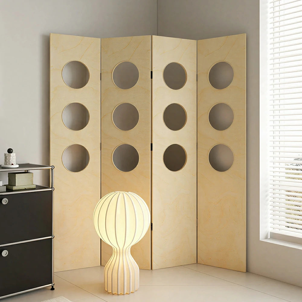 LIVARA 4 Panel Decorative Folding Screen Circle Cutout Design Room Divider Privacy Partition Modern Style for Living Room Bedroom - Off White
