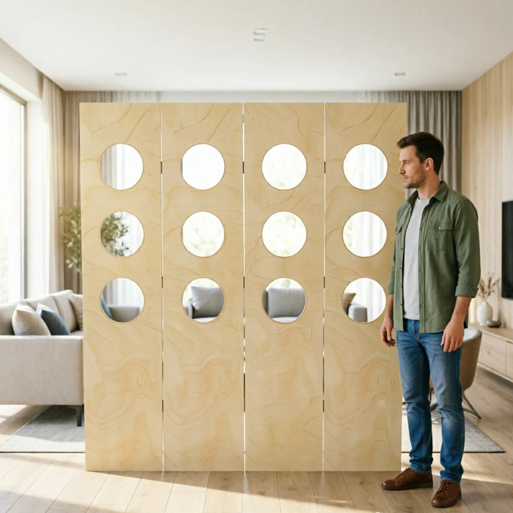 LIVARA 4 Panel Decorative Folding Screen Circle Cutout Design Room Divider Privacy Partition Modern Style for Living Room Bedroom - Off White