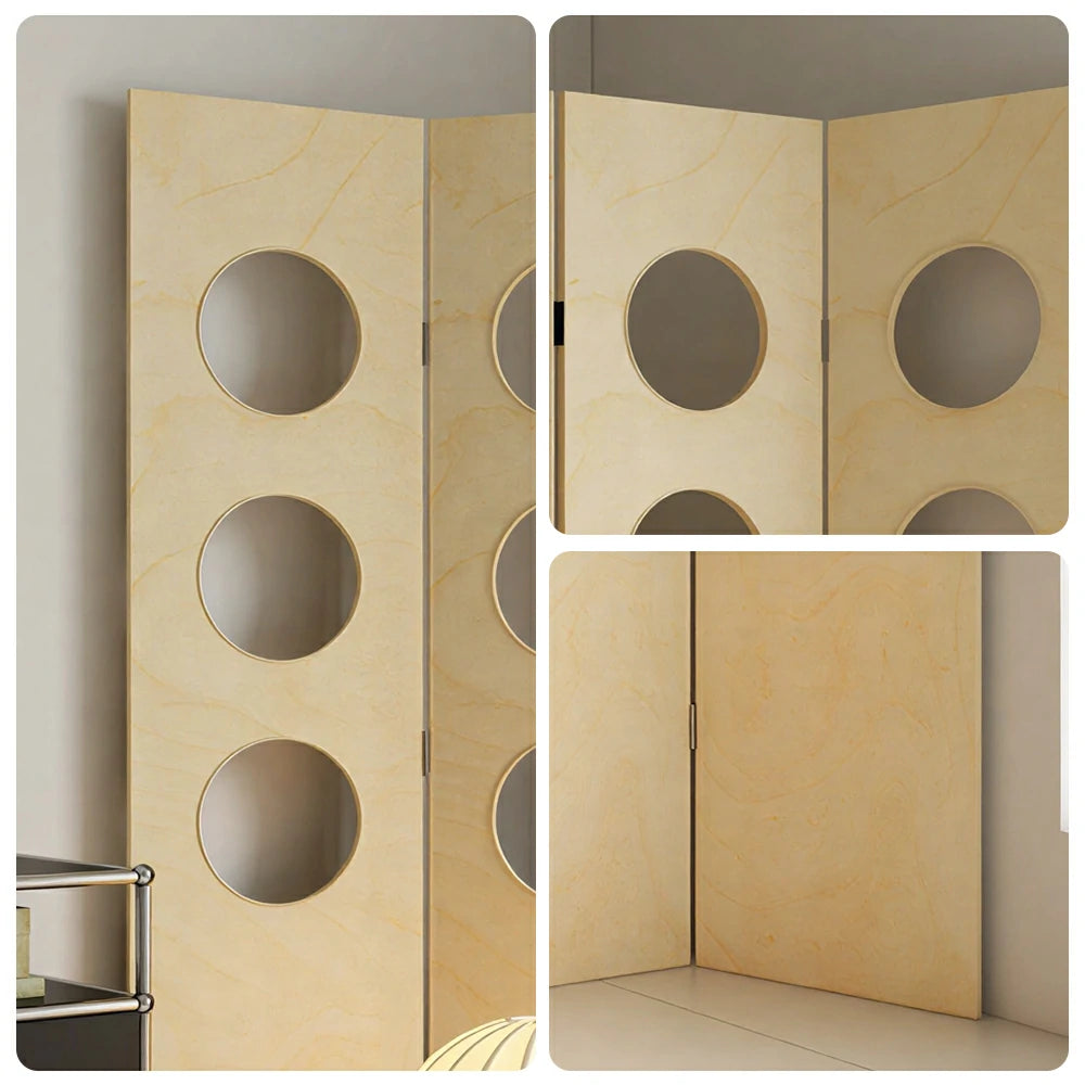 LIVARA 4 Panel Decorative Folding Screen Circle Cutout Design Room Divider Privacy Partition Modern Style for Living Room Bedroom - Off White
