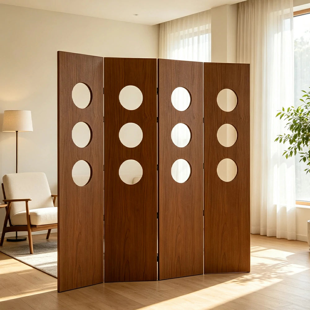 LIVARA 4 Panel Decorative Folding Screen Circle Cutout Design Room Divider Privacy Partition Modern Style for Living Room Bedroom - Brown