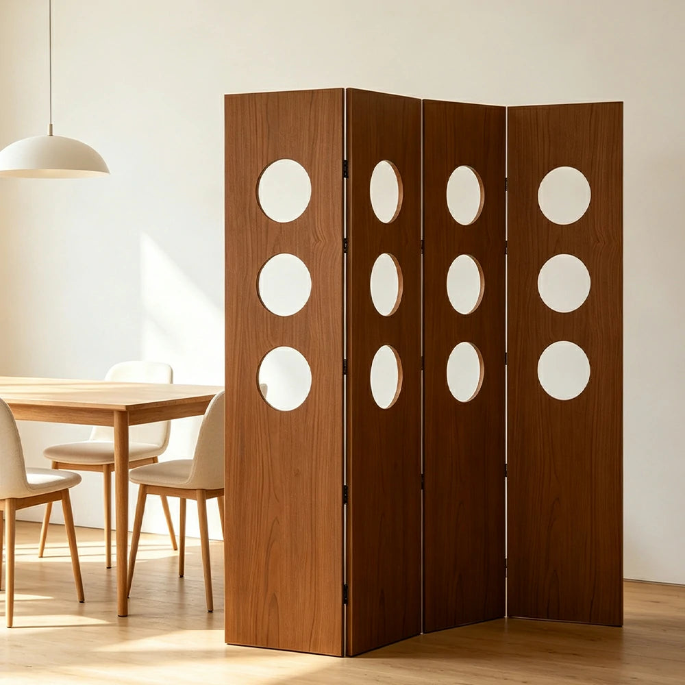 LIVARA 4 Panel Decorative Folding Screen Circle Cutout Design Room Divider Privacy Partition Modern Style for Living Room Bedroom - Brown