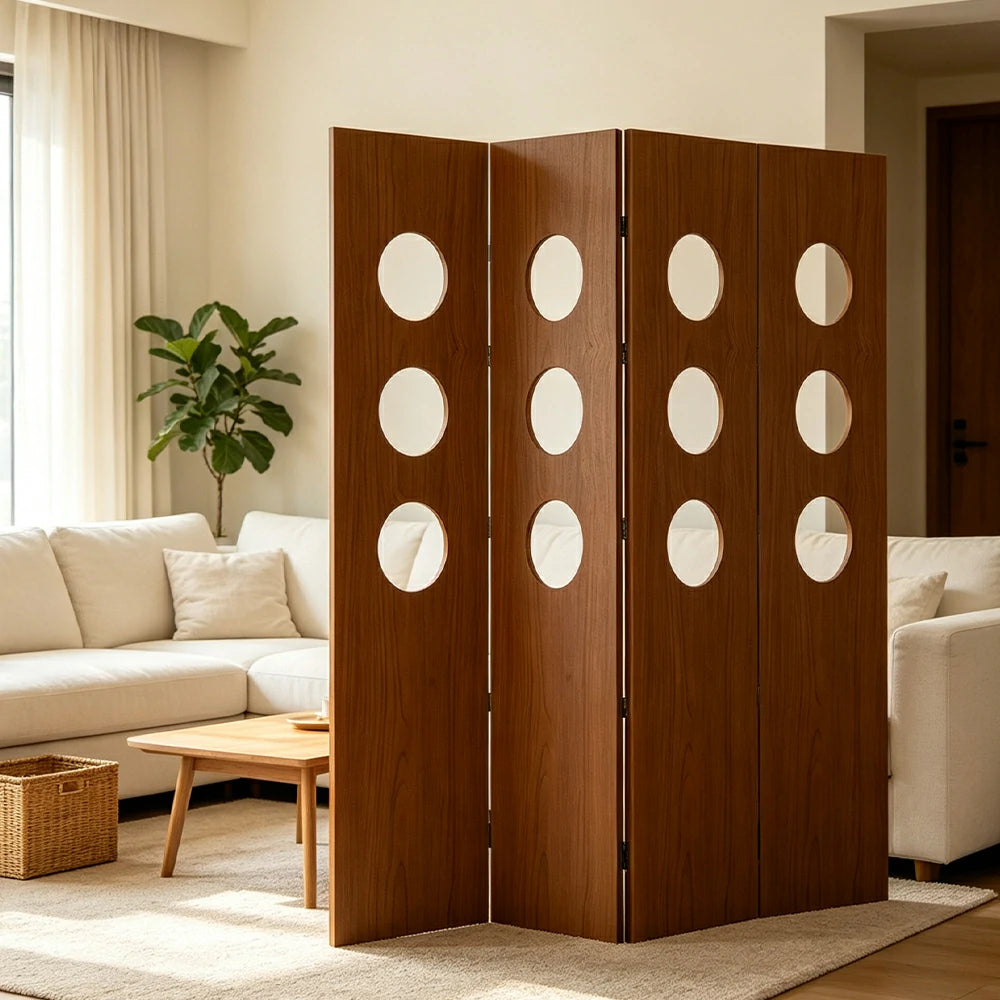 LIVARA 4 Panel Decorative Folding Screen Circle Cutout Design Room Divider Privacy Partition Modern Style for Living Room Bedroom - Brown