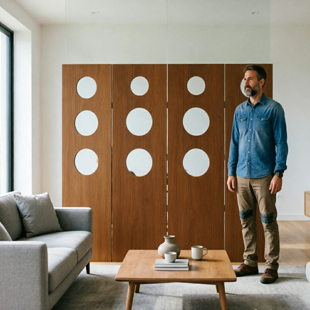 LIVARA 4 Panel Decorative Folding Screen Circle Cutout Design Room Divider Privacy Partition Modern Style for Living Room Bedroom - Brown