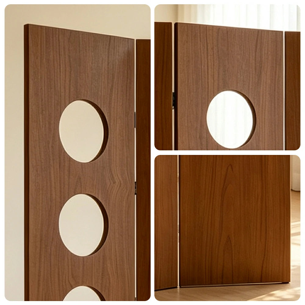 LIVARA 4 Panel Decorative Folding Screen Circle Cutout Design Room Divider Privacy Partition Modern Style for Living Room Bedroom - Brown