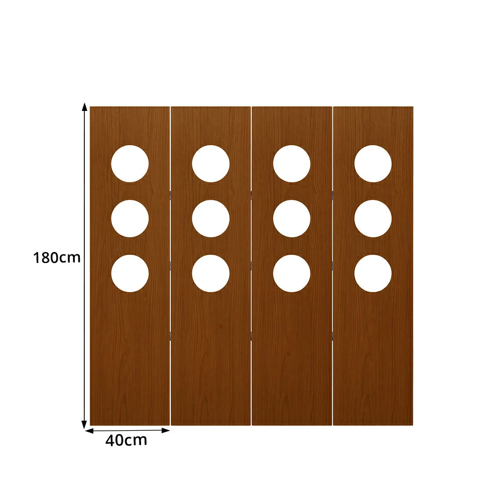 LIVARA 4 Panel Decorative Folding Screen Circle Cutout Design Room Divider Privacy Partition Modern Style for Living Room Bedroom - Brown