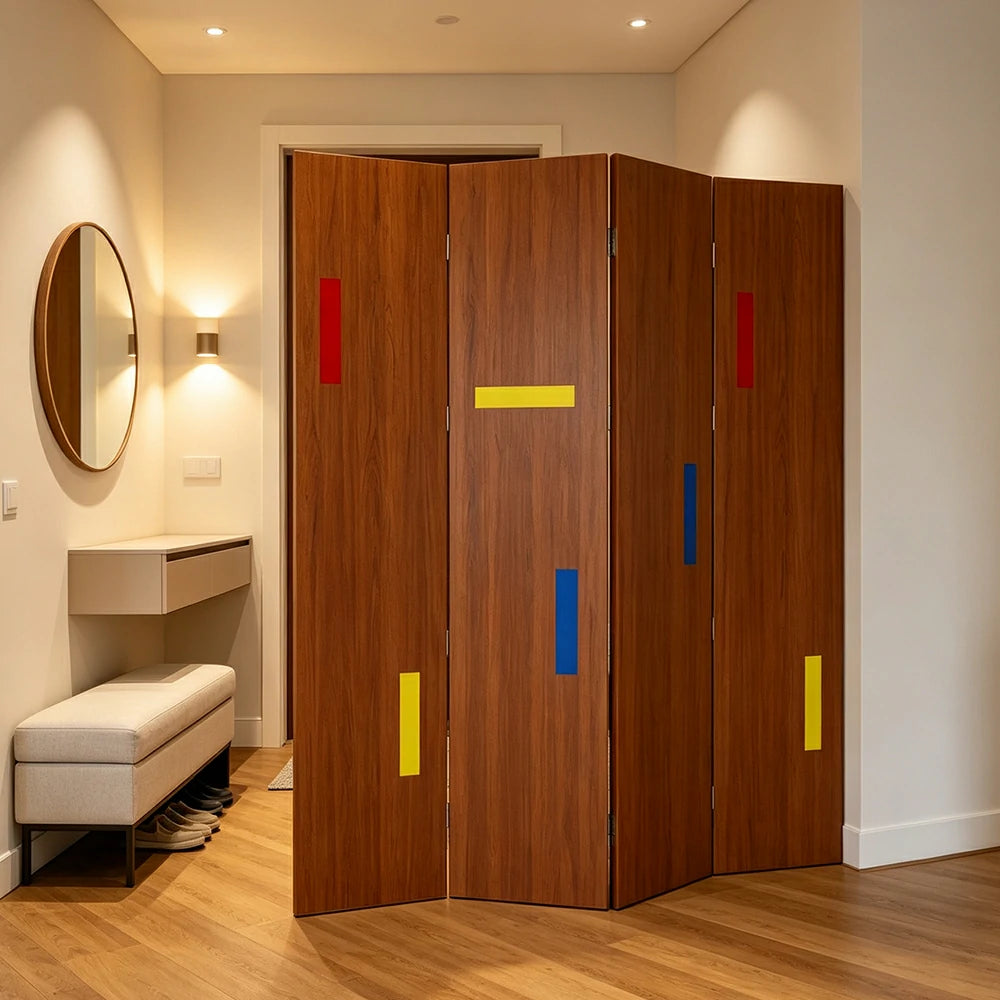 LIVARA 4 Panel Randi Decorative Folding Screen Cherry Wood Finish Modern Geometric Room Divider Privacy Partition for Living Room Bedroom - Cherry