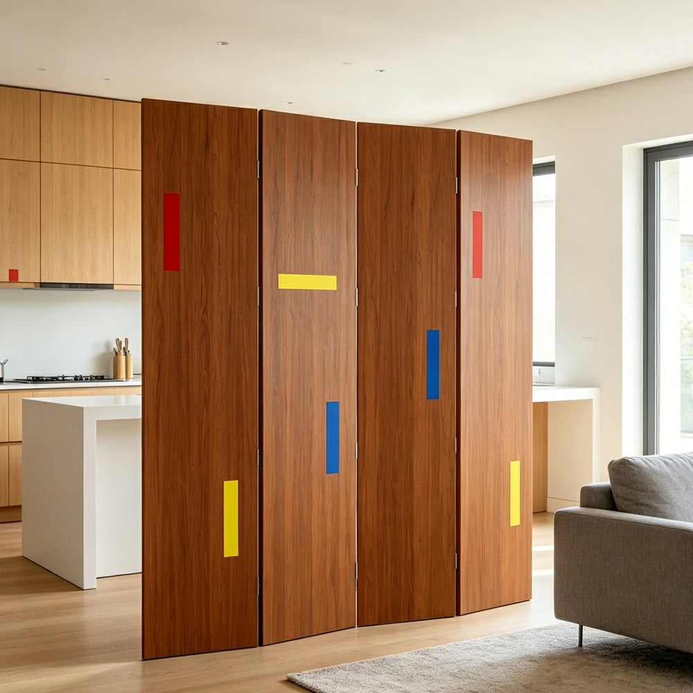 LIVARA 4 Panel Randi Decorative Folding Screen Cherry Wood Finish Modern Geometric Room Divider Privacy Partition for Living Room Bedroom - Cherry