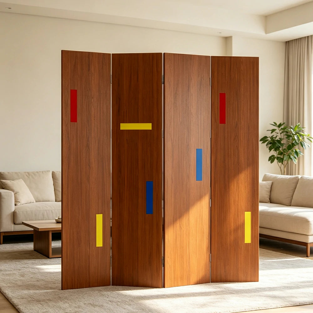 LIVARA 4 Panel Randi Decorative Folding Screen Cherry Wood Finish Modern Geometric Room Divider Privacy Partition for Living Room Bedroom - Cherry