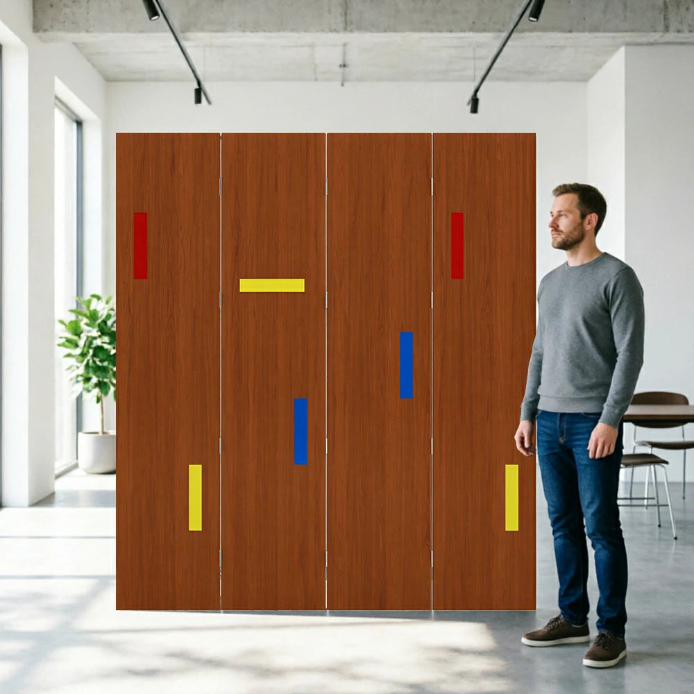 LIVARA 4 Panel Randi Decorative Folding Screen Cherry Wood Finish Modern Geometric Room Divider Privacy Partition for Living Room Bedroom - Cherry