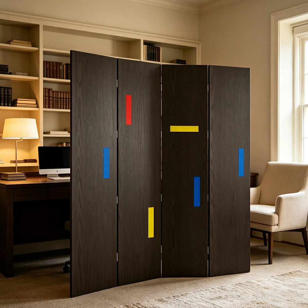 LIVARA 4 Panel Randi Decorative Folding Screen Cherry Wood Finish Modern Geometric Room Divider Privacy Partition for Living Room Bedroom - Black
