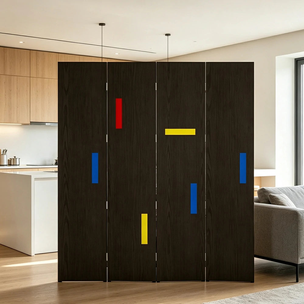 LIVARA 4 Panel Randi Decorative Folding Screen Cherry Wood Finish Modern Geometric Room Divider Privacy Partition for Living Room Bedroom - Black