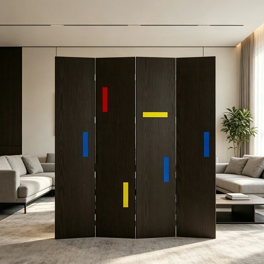 LIVARA 4 Panel Randi Decorative Folding Screen Cherry Wood Finish Modern Geometric Room Divider Privacy Partition for Living Room Bedroom - Black