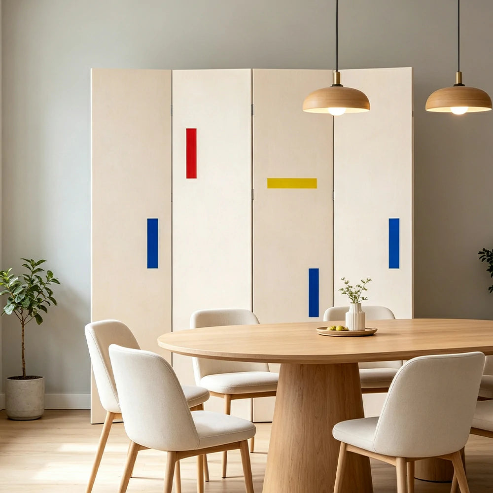 LIVARA 4 Panel Randi Decorative Folding Screen Cherry Wood Finish Modern Geometric Room Divider Privacy Partition for Living Room Bedroom - White