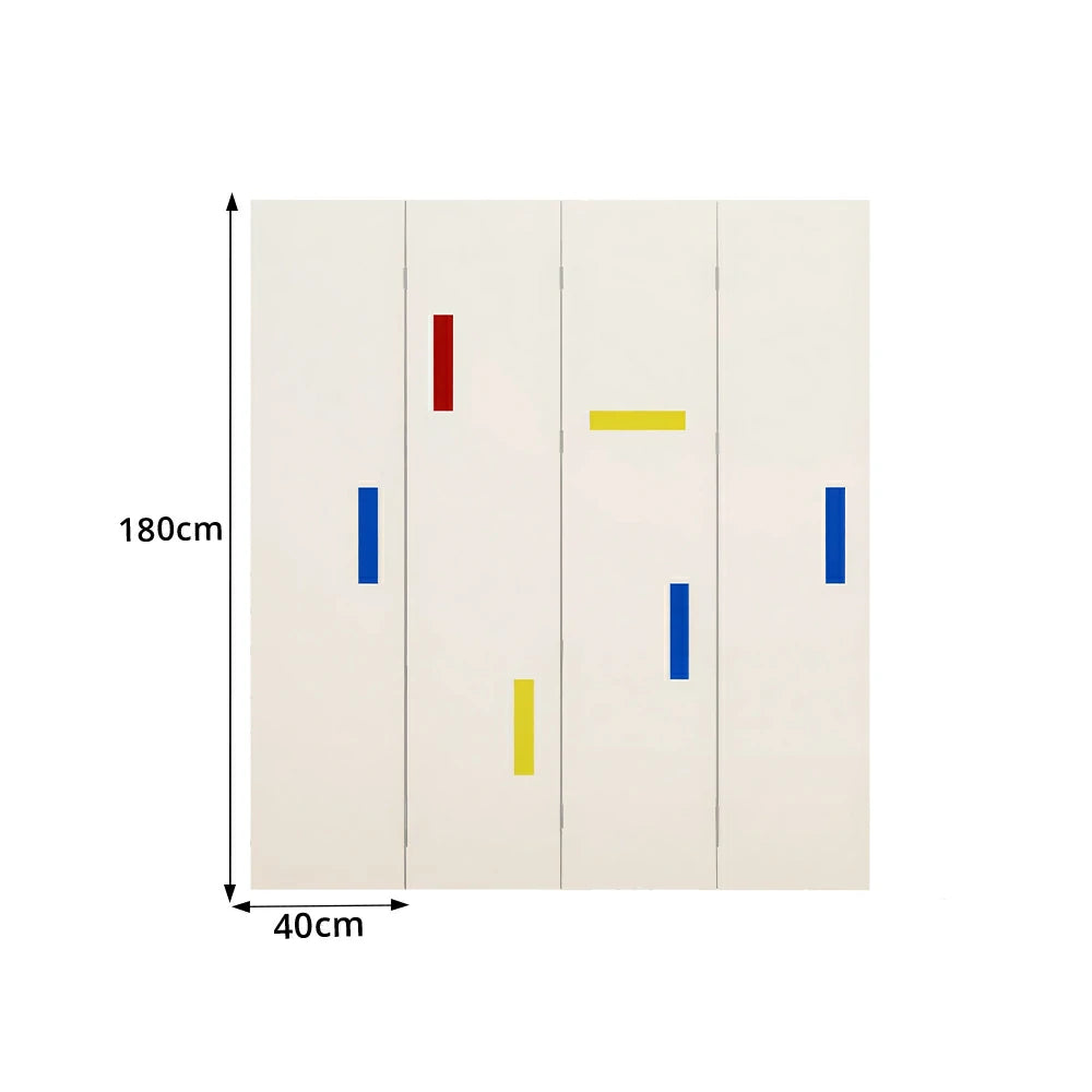 LIVARA 4 Panel Randi Decorative Folding Screen Cherry Wood Finish Modern Geometric Room Divider Privacy Partition for Living Room Bedroom - White