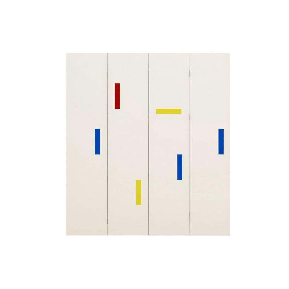 LIVARA 4 Panel Randi Decorative Folding Screen Cherry Wood Finish Modern Geometric Room Divider Privacy Partition for Living Room Bedroom - White