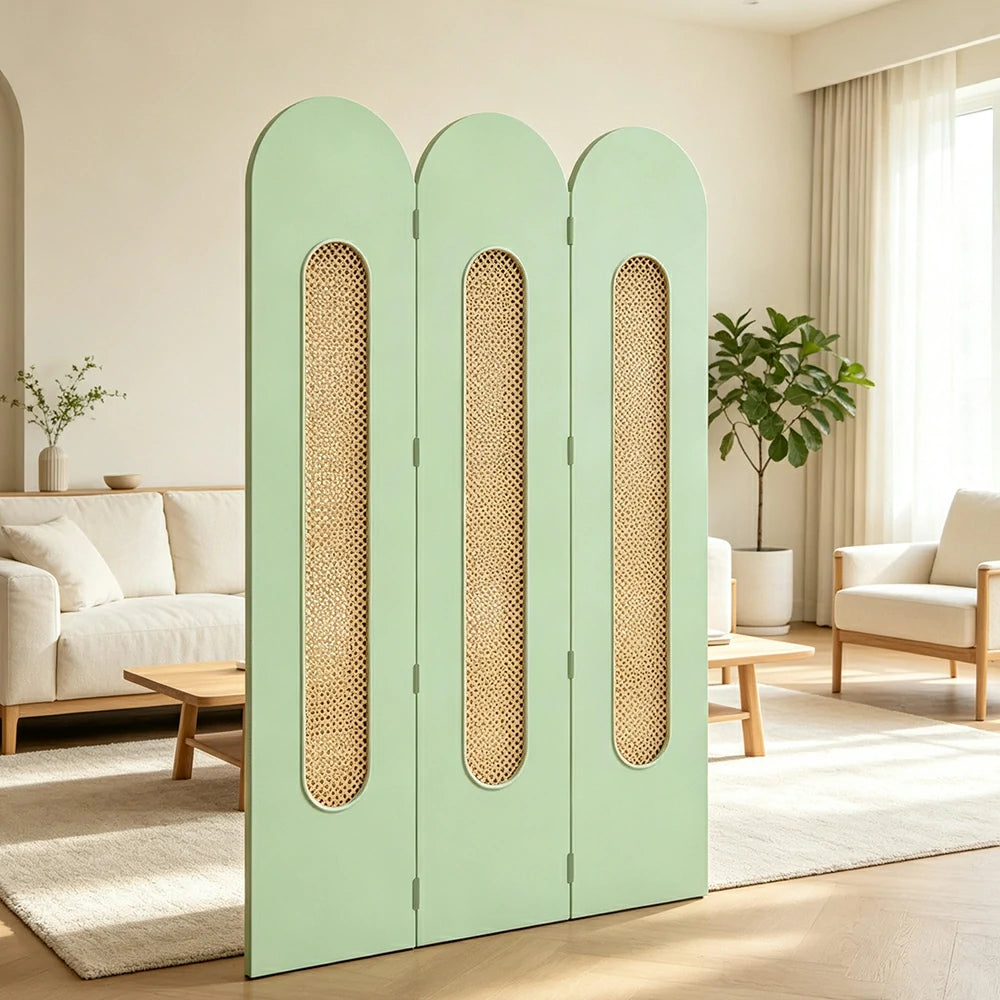 LIVARA 3 Panel Decorative Folding Screen Rattan Cutout Arch Design Room Divider Privacy Partition Modern Natural Style - Matcha Green