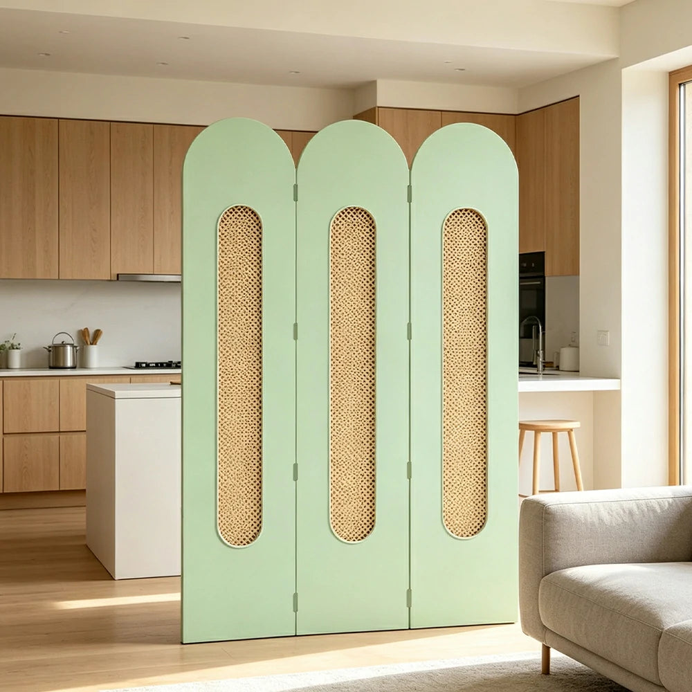 LIVARA 3 Panel Decorative Folding Screen Rattan Cutout Arch Design Room Divider Privacy Partition Modern Natural Style - Matcha Green