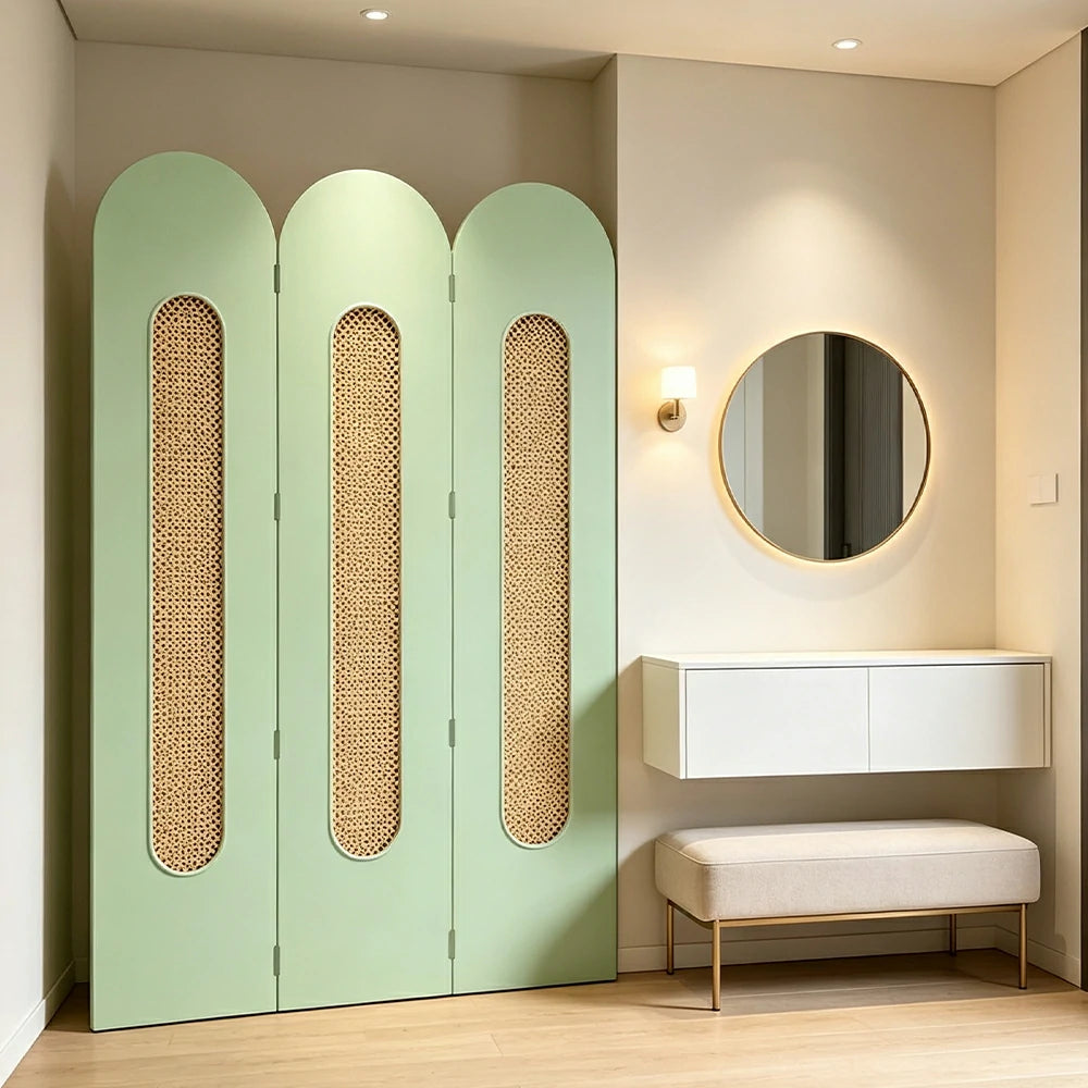 LIVARA 3 Panel Decorative Folding Screen Rattan Cutout Arch Design Room Divider Privacy Partition Modern Natural Style - Matcha Green