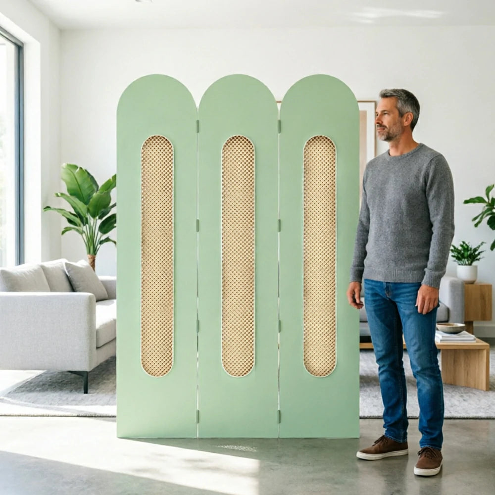LIVARA 3 Panel Decorative Folding Screen Rattan Cutout Arch Design Room Divider Privacy Partition Modern Natural Style - Matcha Green