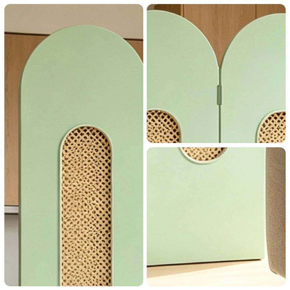 LIVARA 3 Panel Decorative Folding Screen Rattan Cutout Arch Design Room Divider Privacy Partition Modern Natural Style - Matcha Green