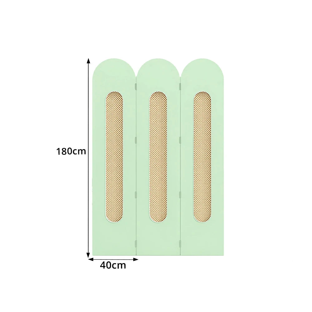 LIVARA 3 Panel Decorative Folding Screen Rattan Cutout Arch Design Room Divider Privacy Partition Modern Natural Style - Matcha Green