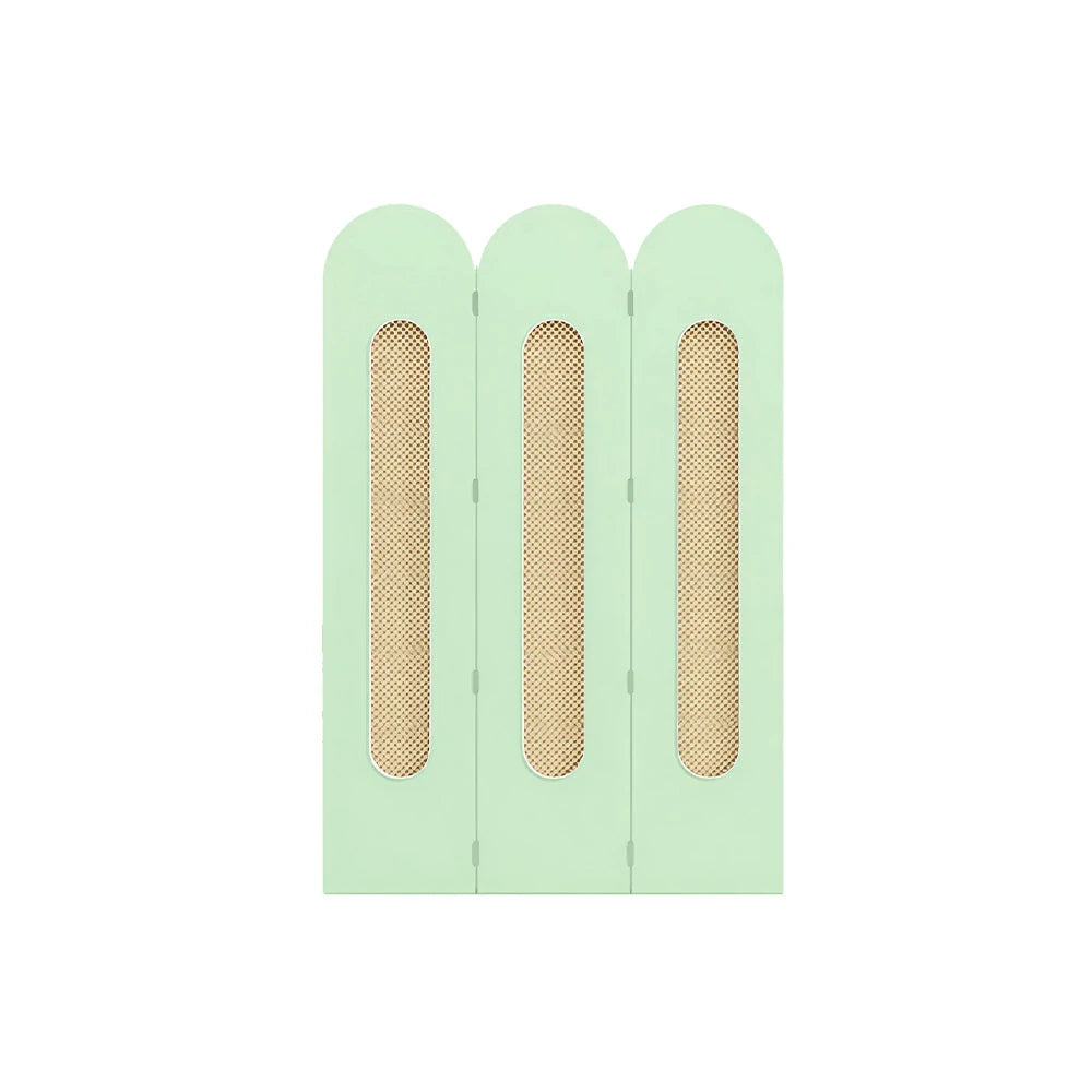 LIVARA 3 Panel Decorative Folding Screen Rattan Cutout Arch Design Room Divider Privacy Partition Modern Natural Style - Matcha Green