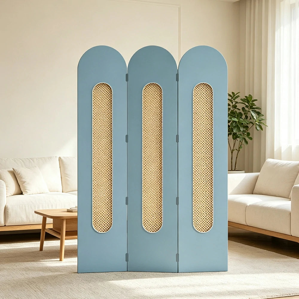 LIVARA 3 Panel Decorative Folding Screen Rattan Cutout Arch Design Room Divider Privacy Partition Modern Natural Style - Blue