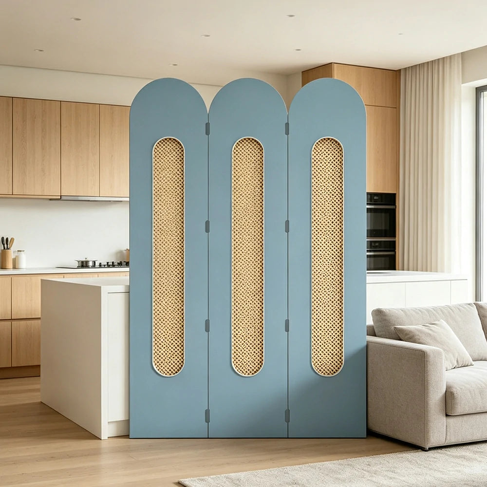 LIVARA 3 Panel Decorative Folding Screen Rattan Cutout Arch Design Room Divider Privacy Partition Modern Natural Style - Blue