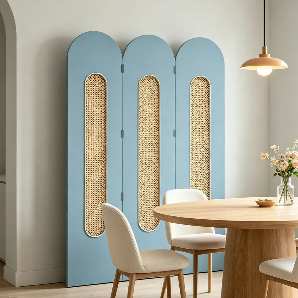 LIVARA 3 Panel Decorative Folding Screen Rattan Cutout Arch Design Room Divider Privacy Partition Modern Natural Style - Blue