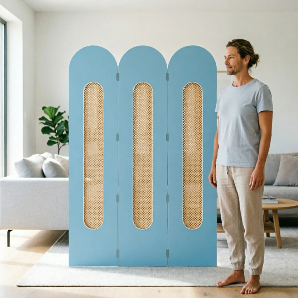 LIVARA 3 Panel Decorative Folding Screen Rattan Cutout Arch Design Room Divider Privacy Partition Modern Natural Style - Blue