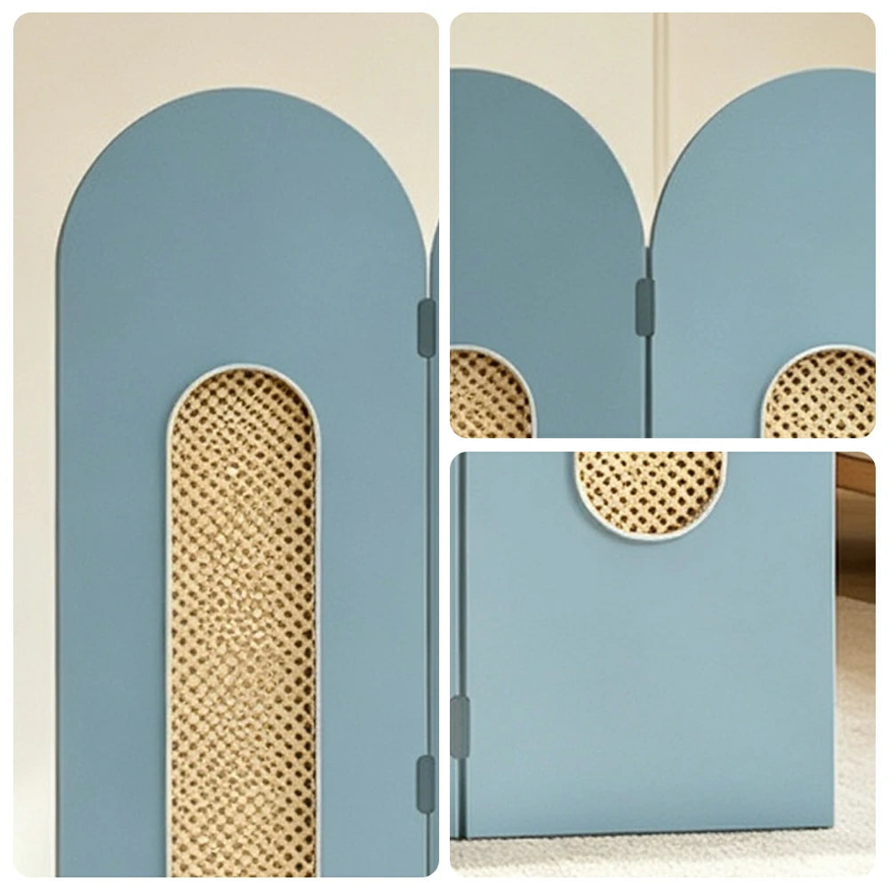 LIVARA 3 Panel Decorative Folding Screen Rattan Cutout Arch Design Room Divider Privacy Partition Modern Natural Style - Blue