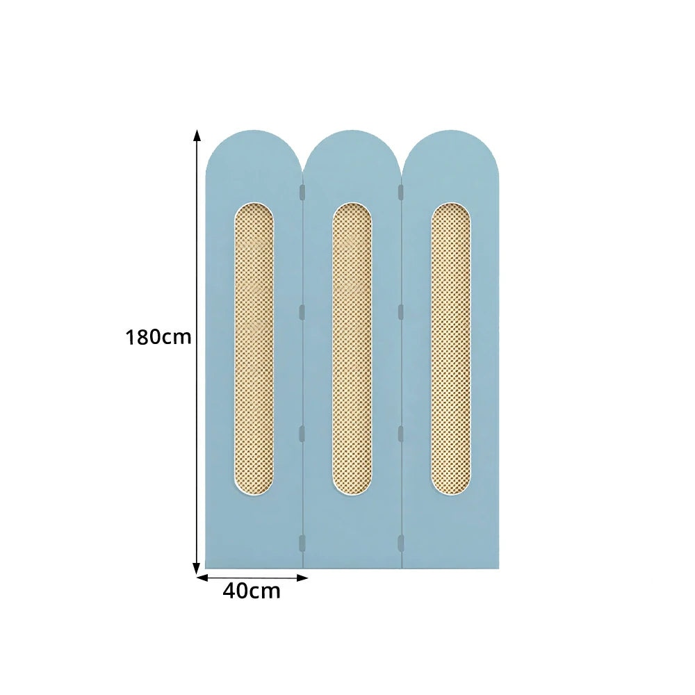 LIVARA 3 Panel Decorative Folding Screen Rattan Cutout Arch Design Room Divider Privacy Partition Modern Natural Style - Blue