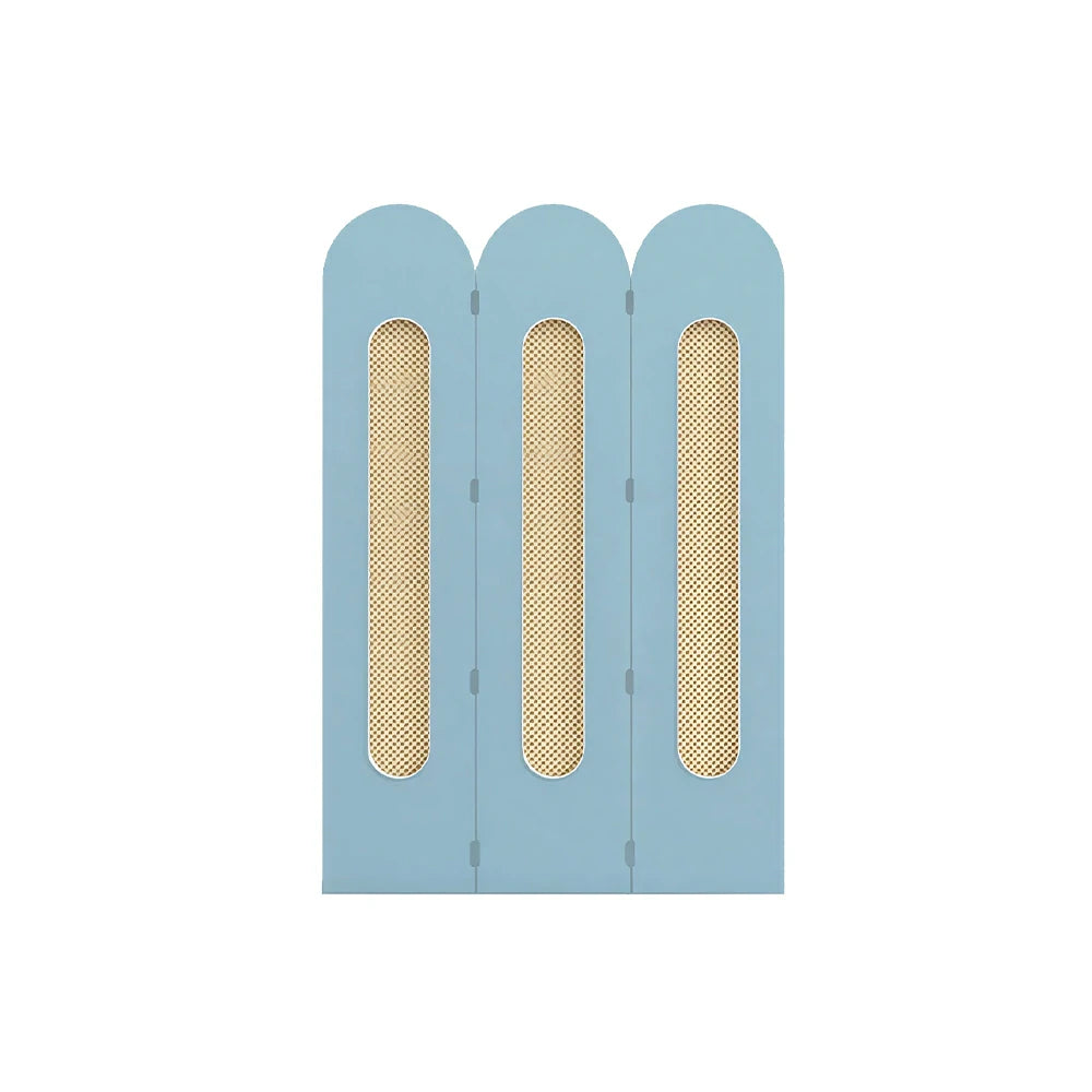 LIVARA 3 Panel Decorative Folding Screen Rattan Cutout Arch Design Room Divider Privacy Partition Modern Natural Style - Blue