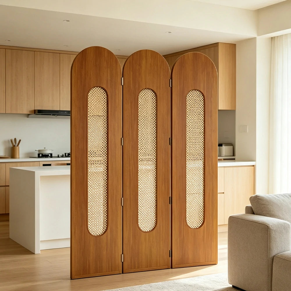 LIVARA 3 Panel Decorative Folding Screen Rattan Cutout Arch Design Room Divider Privacy Partition Modern Natural Style - Brown