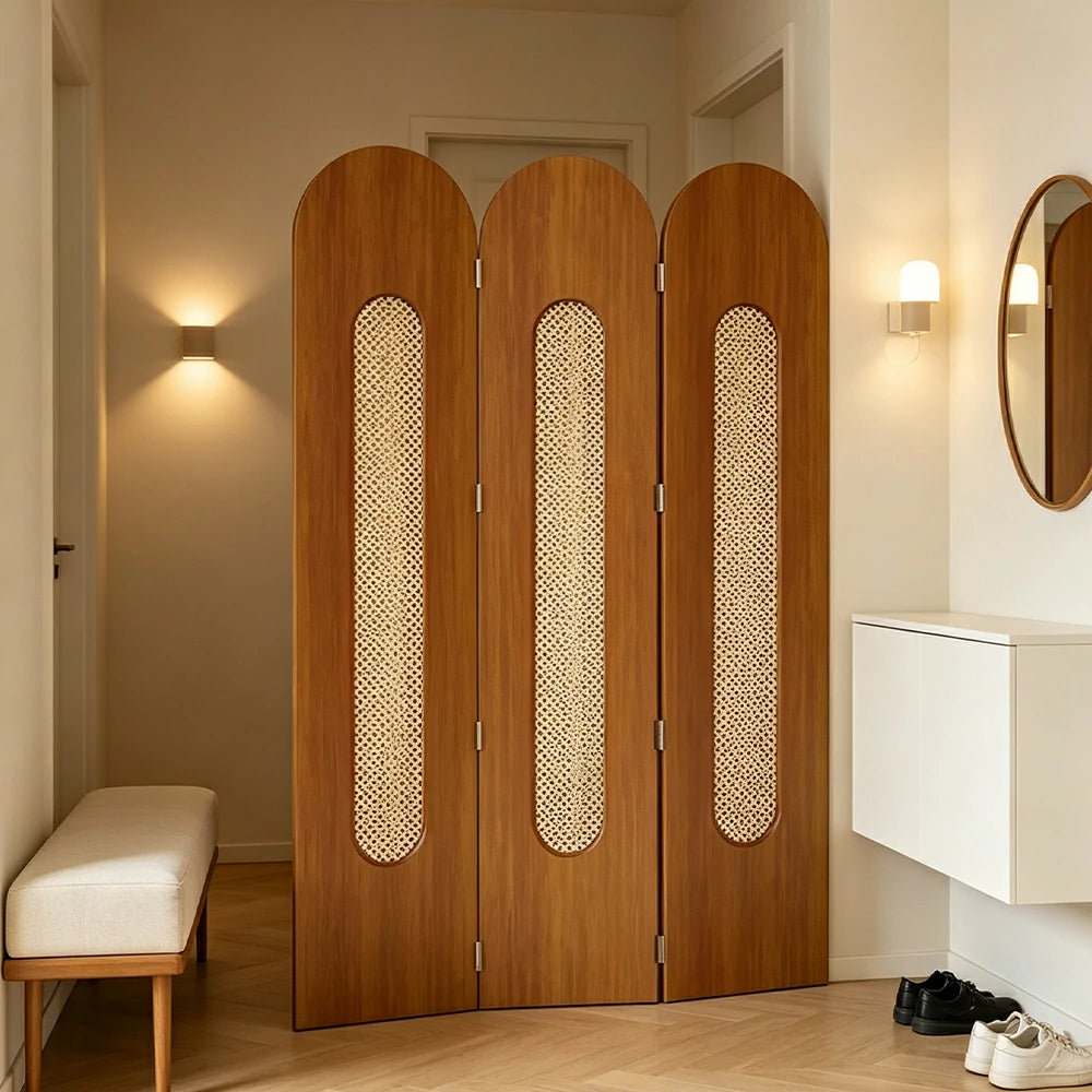 LIVARA 3 Panel Decorative Folding Screen Rattan Cutout Arch Design Room Divider Privacy Partition Modern Natural Style - Brown
