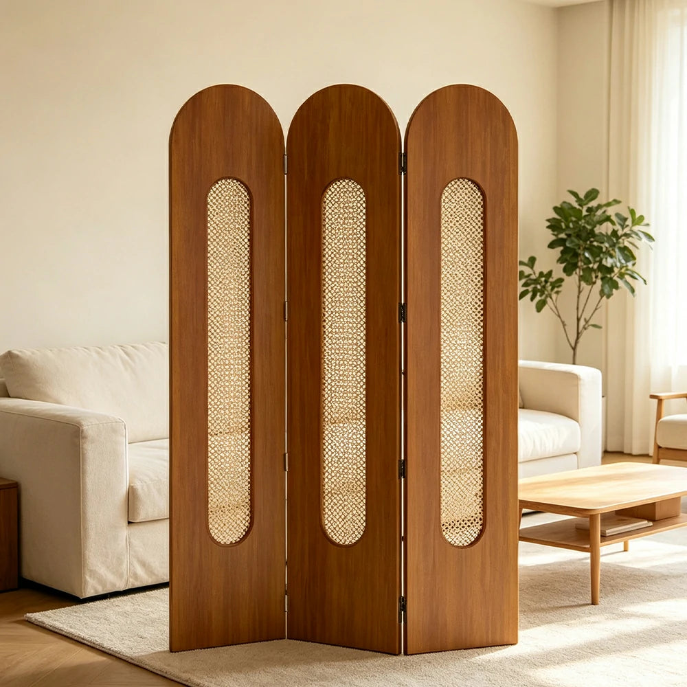 LIVARA 3 Panel Decorative Folding Screen Rattan Cutout Arch Design Room Divider Privacy Partition Modern Natural Style - Brown